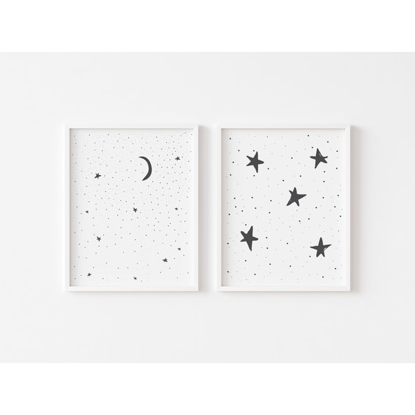 Moon and Stars, Set of 2 nursery prints, Cute black and whit - Inspire ...