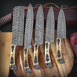 handmade damascus chef knife set of 5 pcs with leather sheath father's day gift groomsmen gift bbq