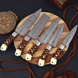handmade damascus chef knife set of 5 pcs with leather sheath father's day gift groomsmen gift bbq