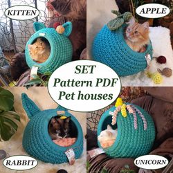Set cat houses 4 decoration options Digital tutorial manual in PDF Format Crochet cat furniture Cat bed pdf pattern