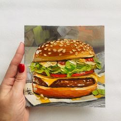 Hamburger Painting Kitchen Original Art Food Oil Painting Mini Artwork 6 by 6