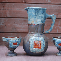 Ceramic jug and set goblets Pottery Wine set Blue brown pitcher with 2 glasses Ceramic chalice Wine goblets home decor