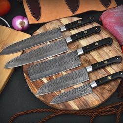 handmade damascus chef knife set of 5 pcs with leather sheath father's day gift groomsmen gift bbq