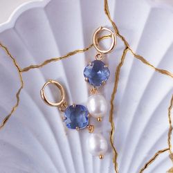 crystal long earrings, blue earrings, blue crystal earrings, pearl earrings korean style, pearl crystal earrings