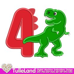 Rex Dino 4th Birthday Tyrannosaurus Rex Dinosaur with numbers 4 four Boy Party Design applique for Machine Embroidery