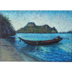 Sailboat Painting Original Art Thailand Similan Island Tropical Beach Oil Pastel by NataDuArt