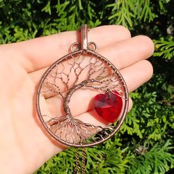 Crystal Red Heart Wire Tree Of Life Pendant Necklace, Valentines Day Gift for Women, Nature Inspired Delicate Necklace