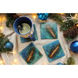 Unique drink square coaster set of 6. Christmas table epoxy resin coasters.