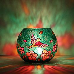 Birds Candle Holder Tealight Votive Emerald Hand-Painted Light Bowl Centerpiece
