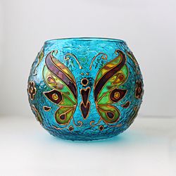 Butterfly Candle Holder Tealight Holder Blue Votive Hand-Painted Light Bowl Centerpiece