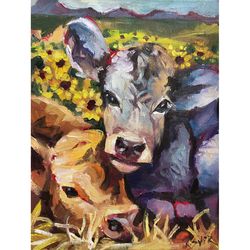 Cow Painting Animal Original Art Texas Cow Oil Painting Farm Wall Art Small Calf Artwork 7 by 9.5 by SviksArtPainting