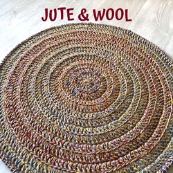 Handmade Jute rug Wool rugs Jute round rug Eco friendly carpet Colorful Round  Rug Bathroom rug Porch decor doormat