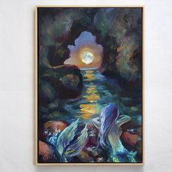 Moonlight Painting Mermaid Original Art Night Sea Oil Painting Nautical Art Coastal Wall Art Fantasy Artwork