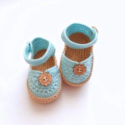 Blue baby booties. Crochet baby shoes. Baby organic cotton sandals baby.