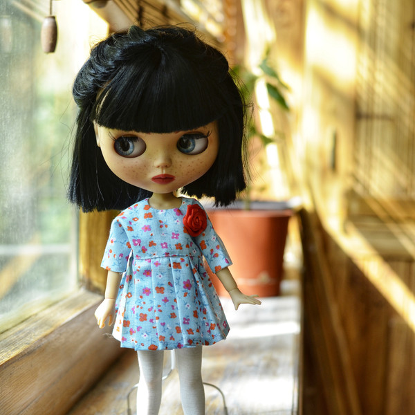 Blythe in blue dress with red rose