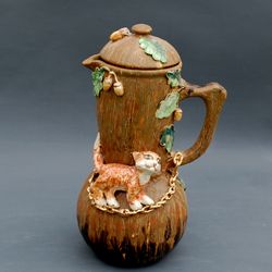 Decanter for water and drinks Ceramic jug Ewer with lid Orange cat ceramic figurine Sculptural handmade vase