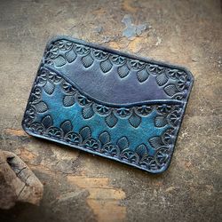 Blue Cardholder Full Grain Leather Wallet Men Women Vintage Minimalistic Slim Card Wallet Husband Gift