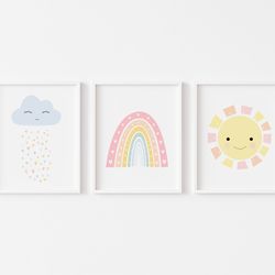 Set of 3 nursery prints, So cute nursery posters, Rainbow, Sun, Cloud, Pastel nursery prints, Nursery wall art