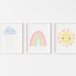 set of 3 nursery prints, so cute nursery posters, rainbow, sun, cloud, pastel nursery prints, nursery wall art