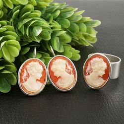 Lady Cameo Earrings and Ring Jewelry Set Ivory Beige Fire Red Orange Minimalist Oval Silver Girl Cameo Jewelry Set 7653
