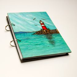 Red lighthouse -  A5 wood book Wood burning Pyrography sketchpad A perfect Christmas or Birthday gift Halloween item