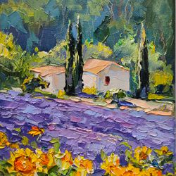 Sunflowers and Lavender Painting Small Landscape Provence Artwork Oil Canvas Original painting 10 by 8 inch by NataLena