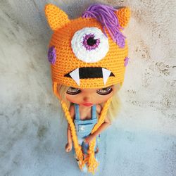 Blythe hat crochet orange Monster for custom blythe halloween outfit doll fashion clothes blythe monster hat