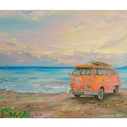 Travel Bus Painting Beach Canvas Oil Painting 12 by 16 Hippy Car Original Art Seascape Artwork