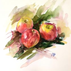 Apple Painting Fruit original art Three Red Apples watercolor wall art Apples artwork by Natalia Plotnikova