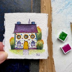 Garden house painting Original art Small watercolor Mini artwork by Rubinova