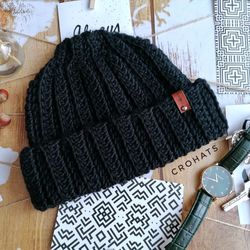 Crochet men hat, black hat, knite hat, christmas gift