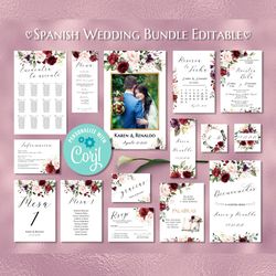 spanish red rose wedding bundle printable, pack de boda spanish wedding invitations paquete de boda, spanish wedding set
