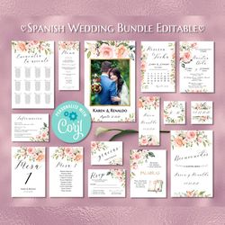 spanish pink rose wedding bundle printable pack de boda spanish wedding invitations paquete de boda, spanish wedding set