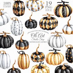 Happy Halloween. Set of Pumpkins. Black and Golden Pumpkins Clip Art. Design Digital Download. OliArtStudioShop