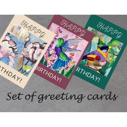digital greeting cards, set of 3 birthday card with bird, goldfinch, hummingbird, abstract flower printable cards