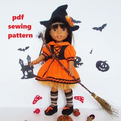 halloween. pdf sewing pattern for ruby red wellie wishers doll, doll halloween, halloween clothes, witch hat halloween