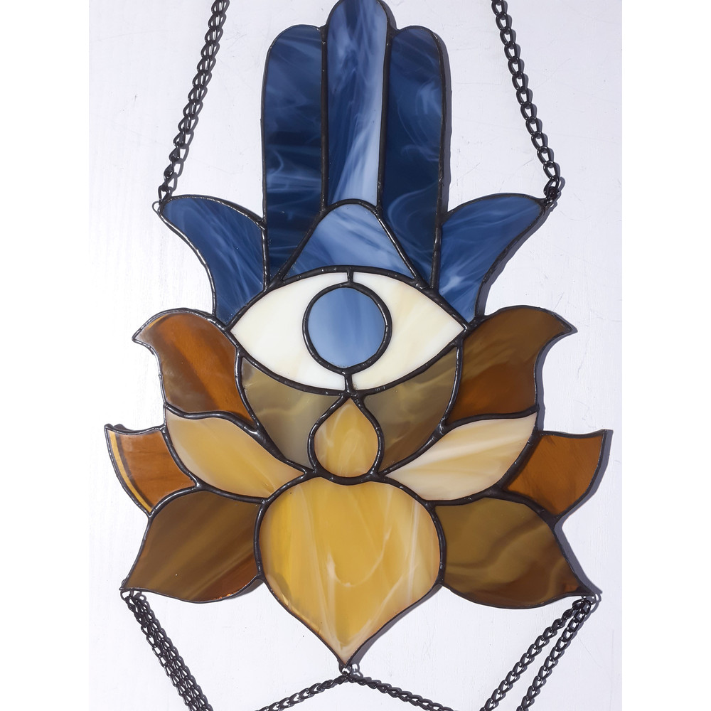 20201108-Stained glass blue hand with eye Hamsa suncatcher with brown and beige lotus flower on a white background.jpg