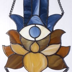 Stained Glass Hamsa Hand Suncatcher, Ancient Good Luck Lotus Symbol, WIndow Hanging Jewish Decor, Hanukkah Gift