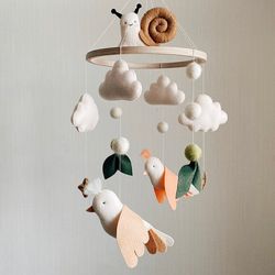 Woodland baby mobile- Little Snail and forest birds- neutral nursery decor- gift for newborn baby