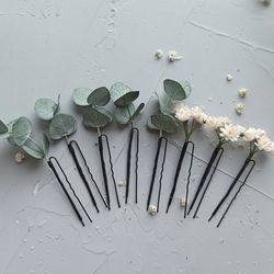 Wedding sage green eucalyptus hair pins White gypsophila greenery bobby pins Bridal babys breath hair piece