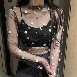 Emroidered Mesh Top Womens Flowers Sheer Floral Top See Through Cottagecore Blouse Chiffon