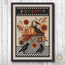 Cross Stitch Pattern Autumn Harvest Sunflowers Pumpkins and Crow Happy Halloween PDF File Instant Download 220