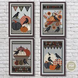 Cross Stitch Set of 4 Pattern Autumn Harvest Sunflowers Pumpkins and Crow Happy Halloween PDF File Instant Download 221