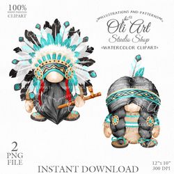 Tribal Gnome Clip Art. Feather Headpiece. Hand Drawn Graphics, Instant Download. Digital Download. OliArtStudioShop