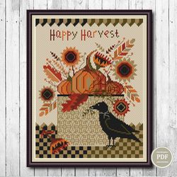 Halloween Cross Stitch Pattern Pumpkins and Crow  Happy Autumn  PDF File Instant Download 219