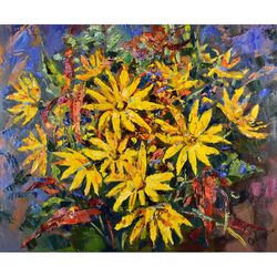 Bouquet Painting Flower Original Art Yellow Floral Jerusalem Artichoke Oil Canvas Artwork Impressionism Art