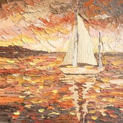 sailboat painting seascape original art boat wall decor sunset landscape hanging painting texture artwork modern art