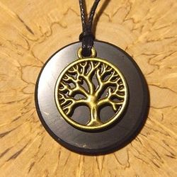 Shungite necklace, tree of life pendant, shungite circle, black jewelry, healing stone