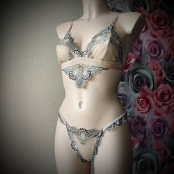 Triangle bra and ruffle bikini bottoms, Beautiful Lace lingerie set , handmade to order by Lola Lingerie set
