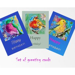 Set of 3 Birthday card with bird, Robin. Goldfinch, Digital greeting cards, Printable bird card, Birthday E-Card